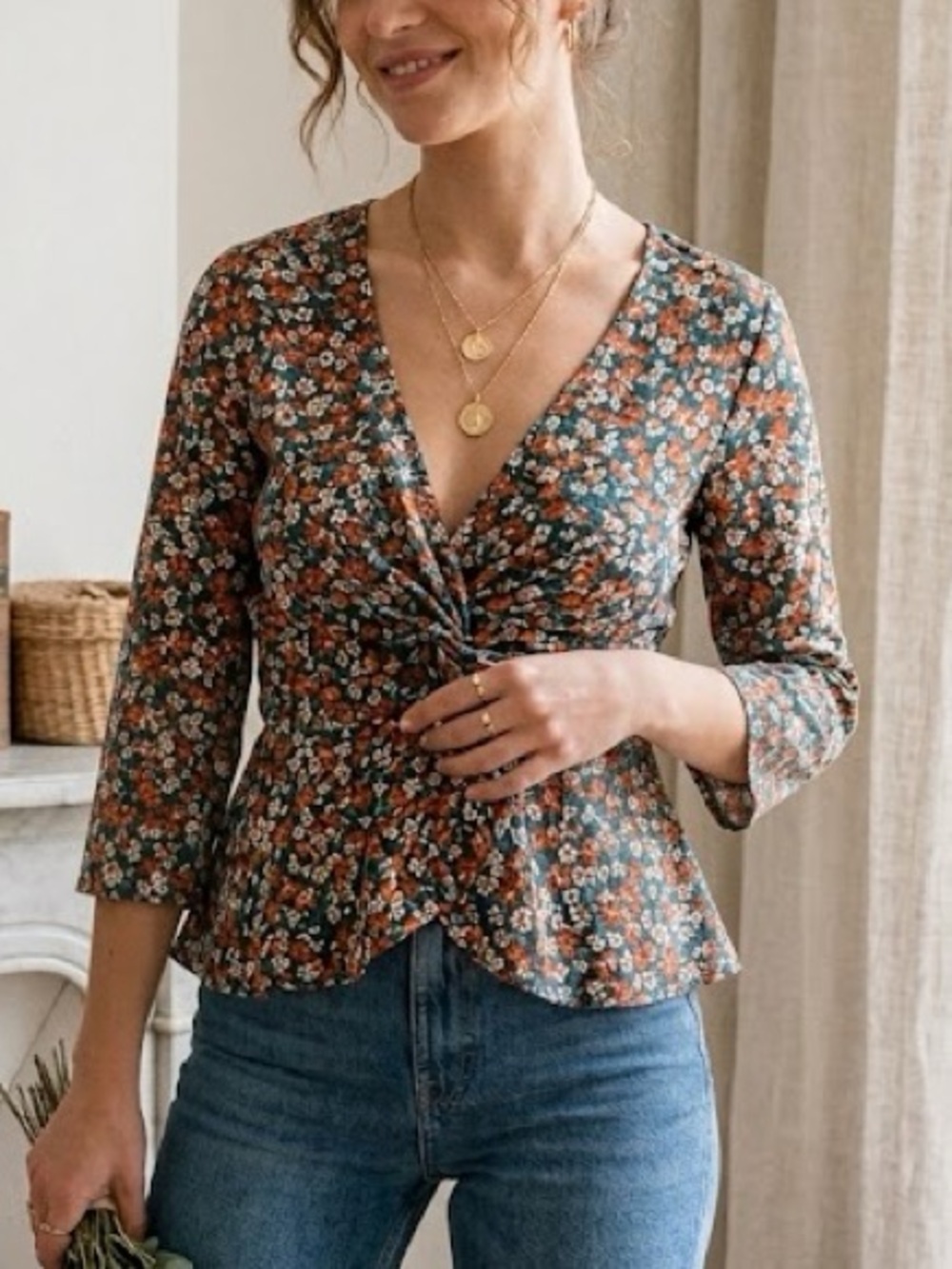 Ginger G Teal/Orange Floral Retro Flare Sleeve Top